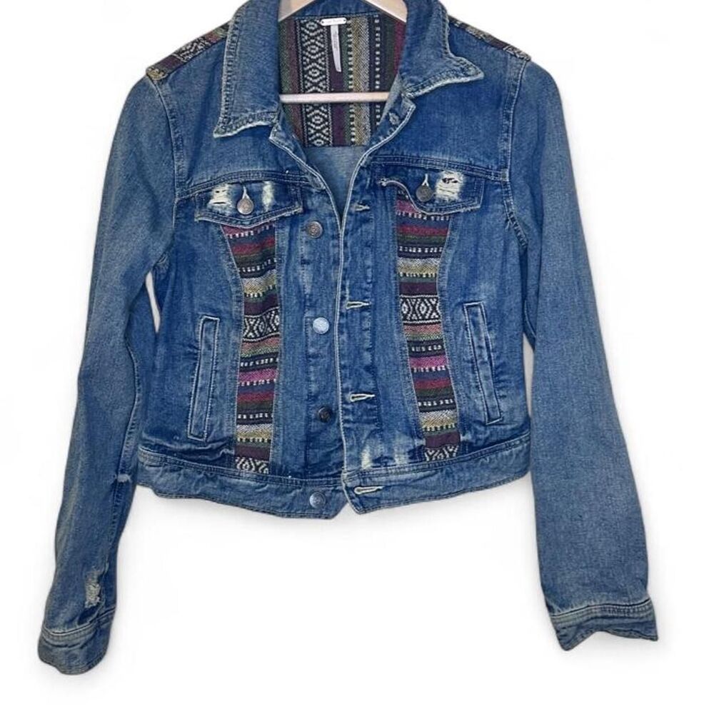 Free People Cropped Denim Jean Jacket w/ Boho Patchwork and Distressed Details
